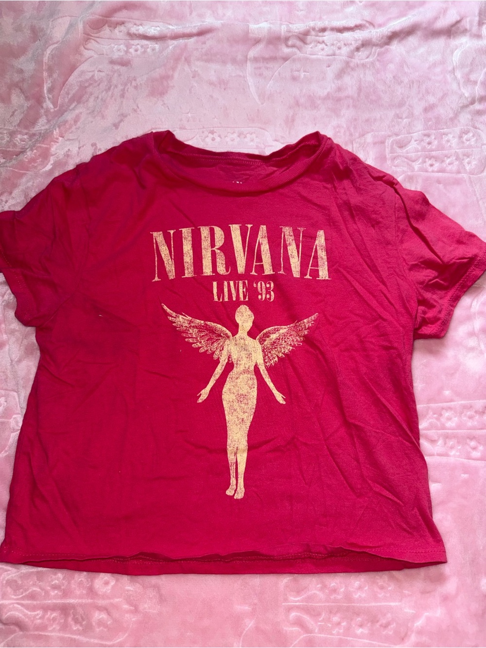 NIRVANA Pink Tee with Gold Angel Graphic